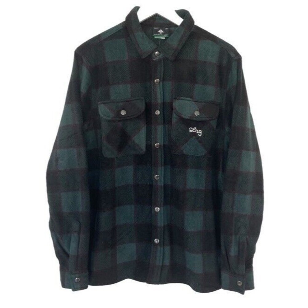 LRG Plaid Check Fleece Shacket Medium Black Green Snap Lightweight Camping NWT